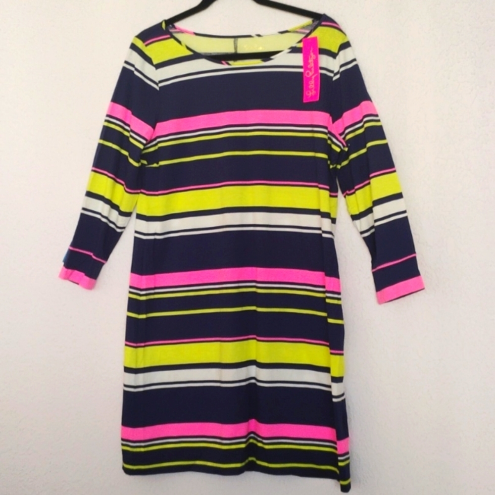 Lilly Pulitzer 💥 NWT 💥 Marlowe Dress 3/4 Sleeve Cotton Multi Sun Stripe Size L